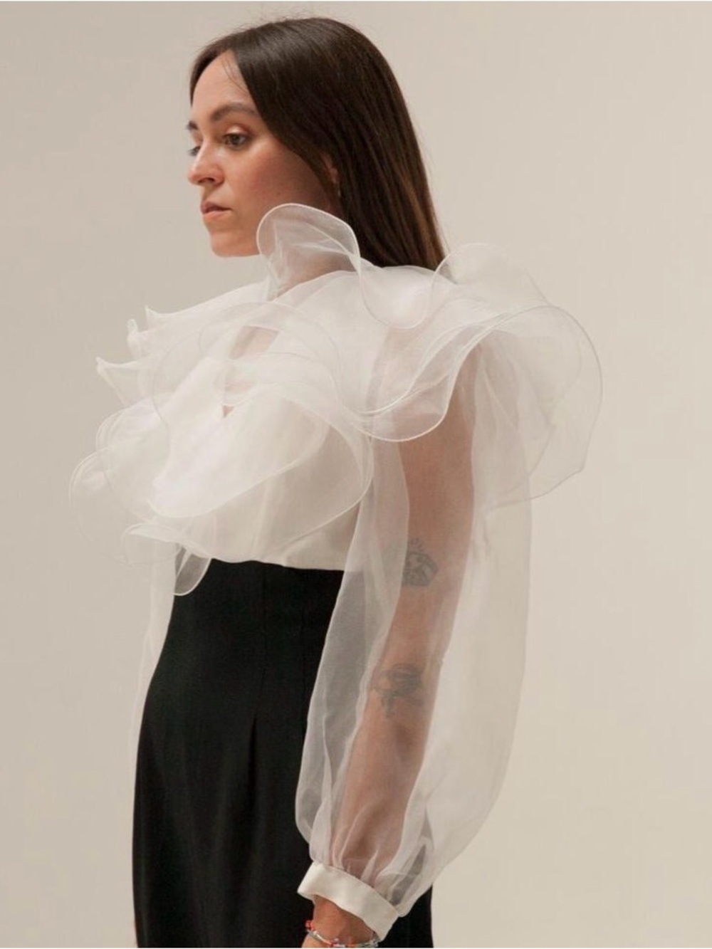 Joseph Ribkoff Black White Sheer Ruffle Organza Dress Balloon Sleeve Rare Vintag